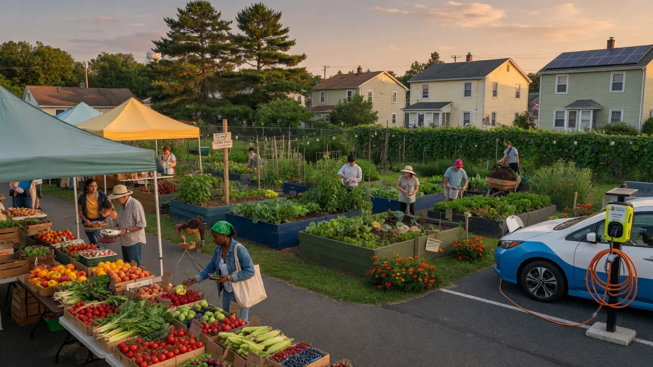 Farmers market, community garden, and EV charging station representing sustainable living in South Jersey