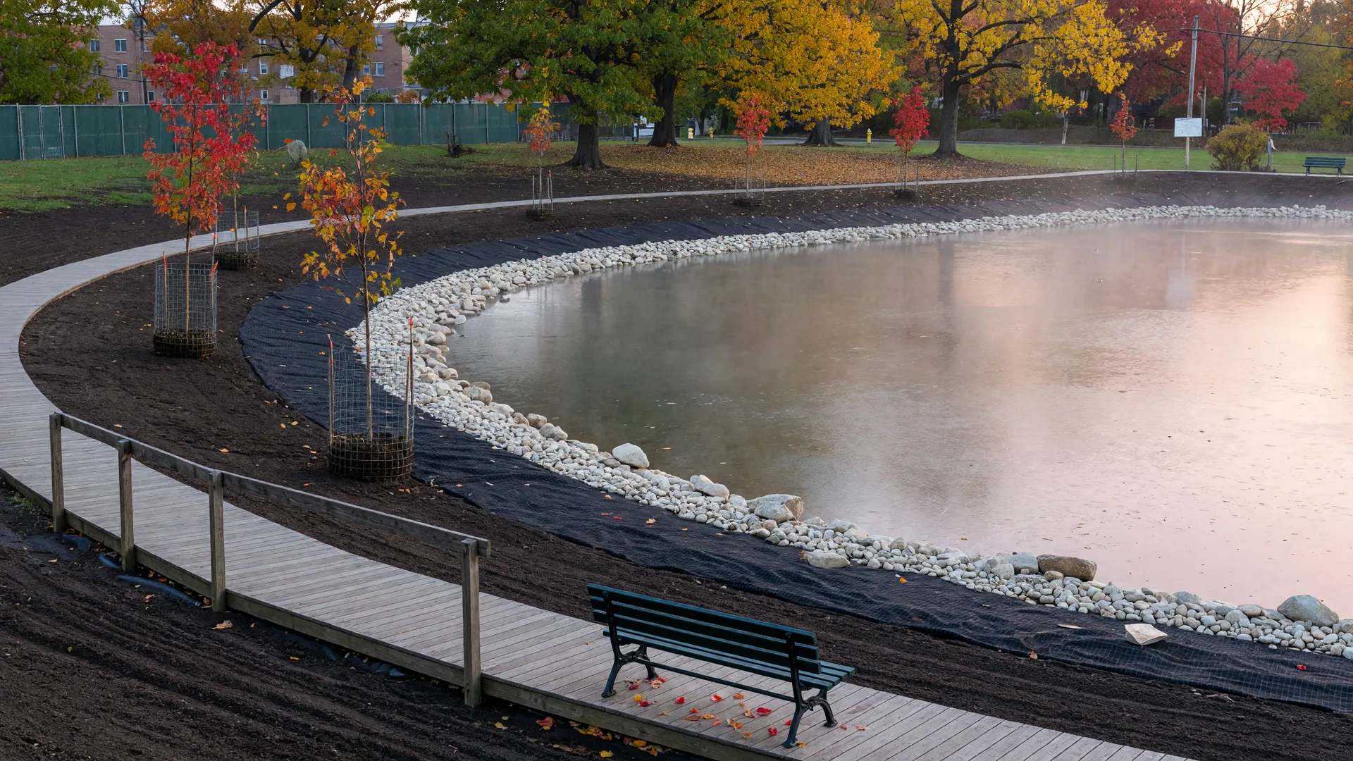Halcyon Pond in Bloomfield NJ on an October morning with freshly restored banks, erosion fabric and stone along the shoreline, young native trees in protective cages, and autumn foliage around the water
