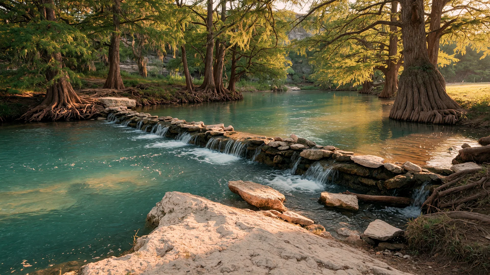 The Comal River flowing between cypress trees in New Braunfels in golden light, a draw for San Antonio real estate buyers