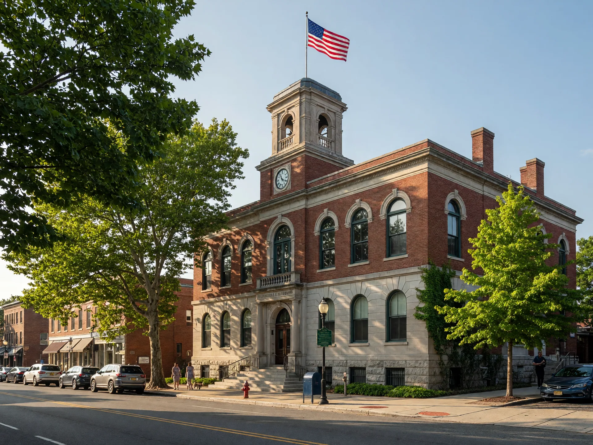 Historic Montclair municipal building at 205 Claremont Avenue with brick and stone facade, American flag, and mature shade trees
