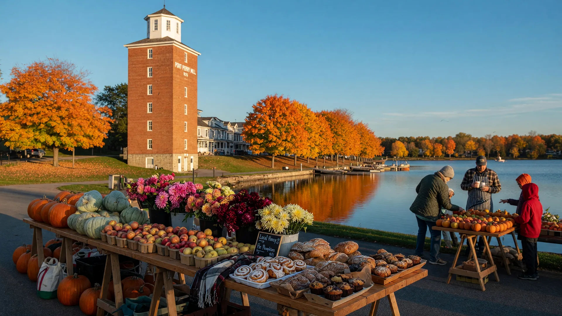 The Port Perry waterfront on a crisp October Saturday morning with farmers market stalls of pumpkins, squash, apples and dahlias at the foot of Queen Street, the heritage grain mill tower, and sugar maples in full autumn colour along Lake Scugog