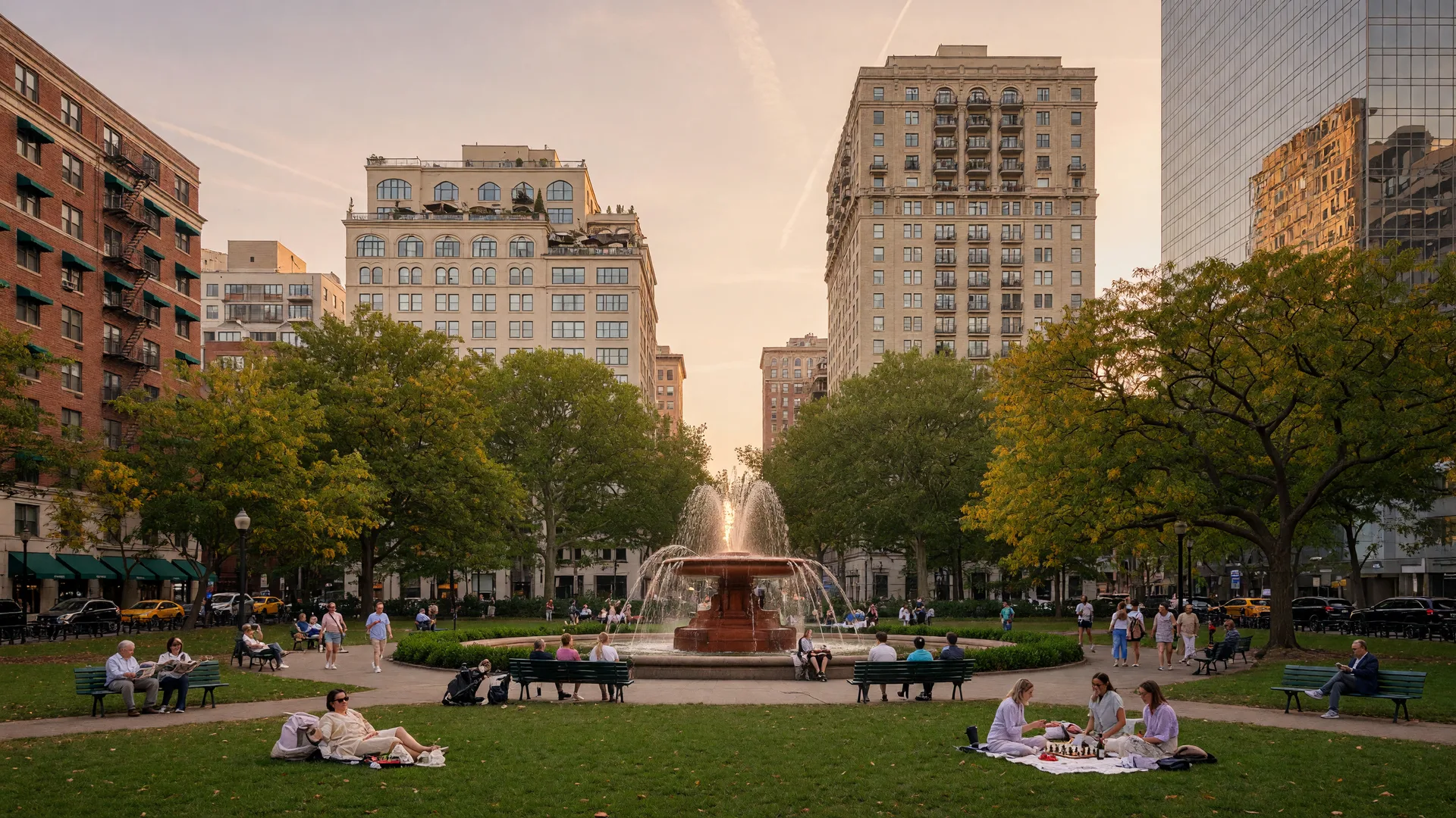 Rittenhouse Square park with fountain and high-rise buildings in Center City