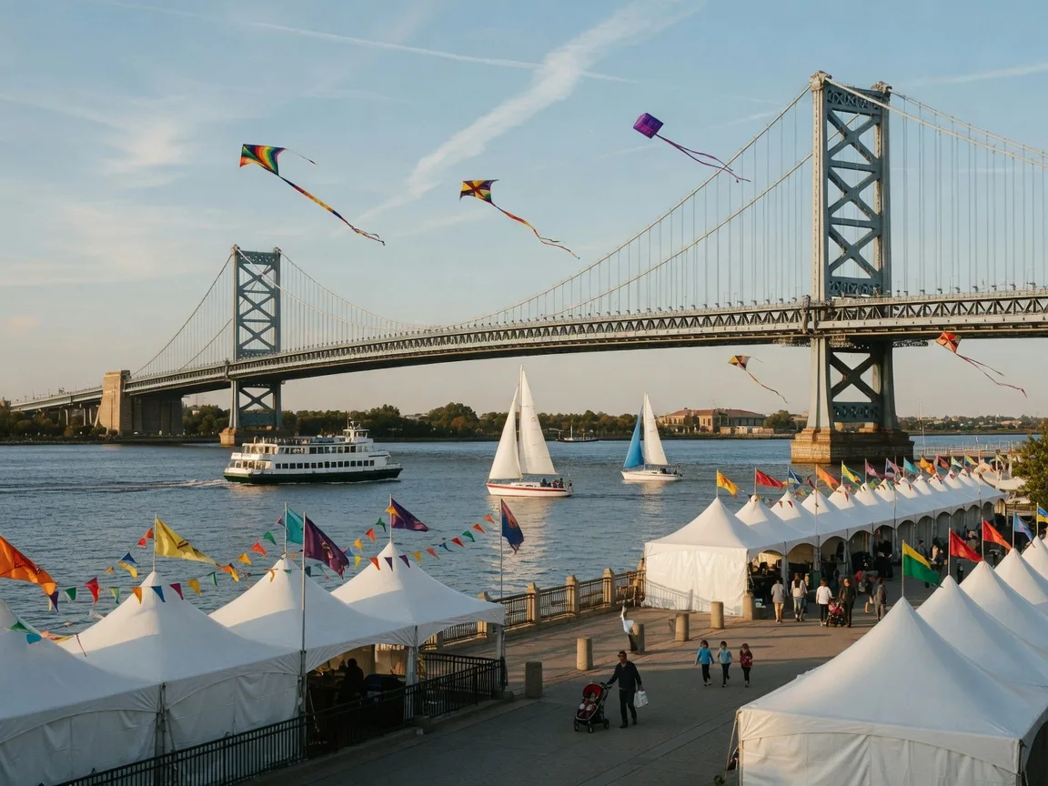 White event tents along a riverside promenade with the Ben Franklin Bridge over the Delaware River behind them on a sunny September afternoon