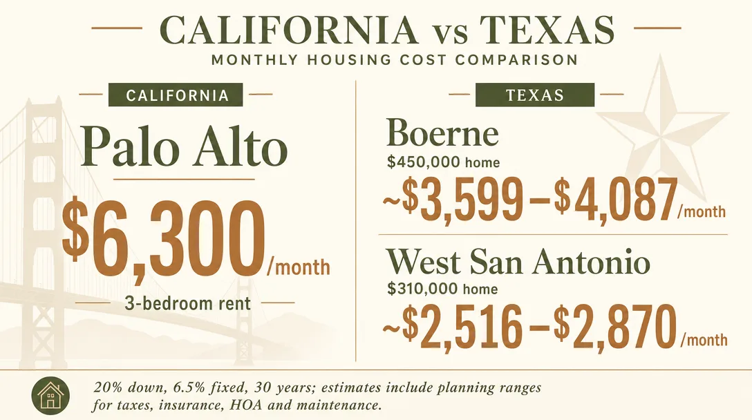 Cost comparison graphic showing Palo Alto rent at $6,300 per month versus Boerne and West San Antonio homeownership costs