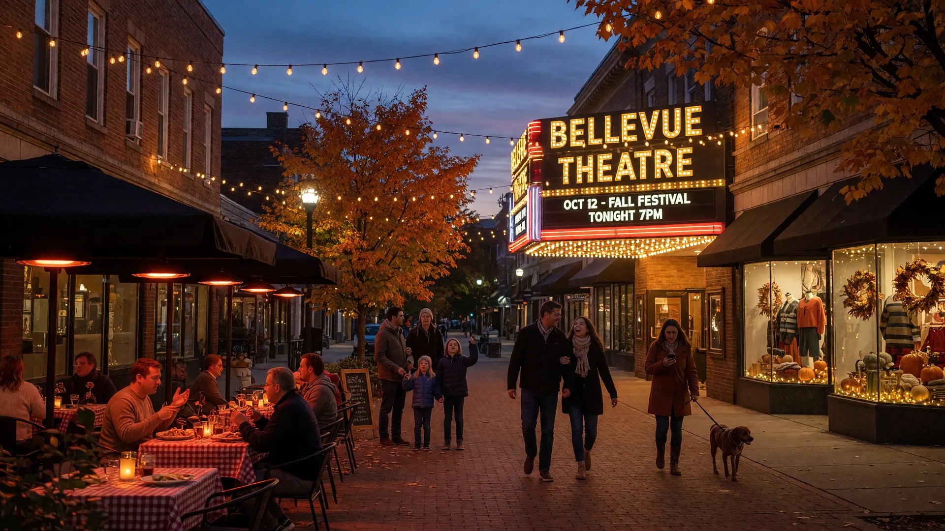 Church Street pedestrian plaza in downtown Montclair NJ on a crisp October evening with the Bellevue Theatre marquee glowing, string lights overhead, outdoor restaurant tables with diners, boutique storefronts, and maple trees at peak autumn color