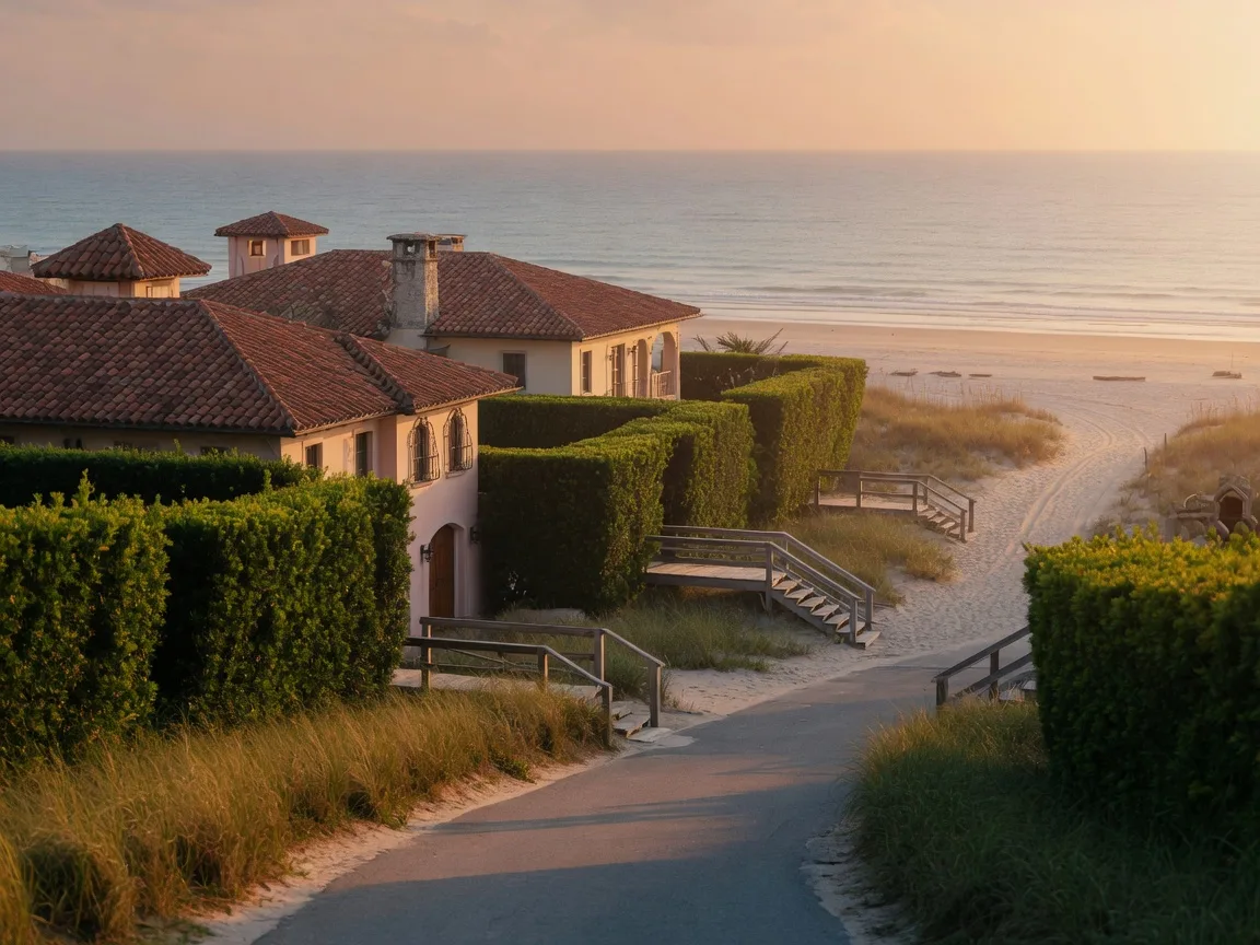 The Manalapan estate coast at late afternoon, a private oceanfront lane of grand mansions behind hedges and dune grass