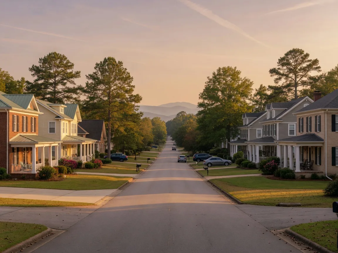 A quiet tree-lined residential street in the Greenville Upstate at golden hour