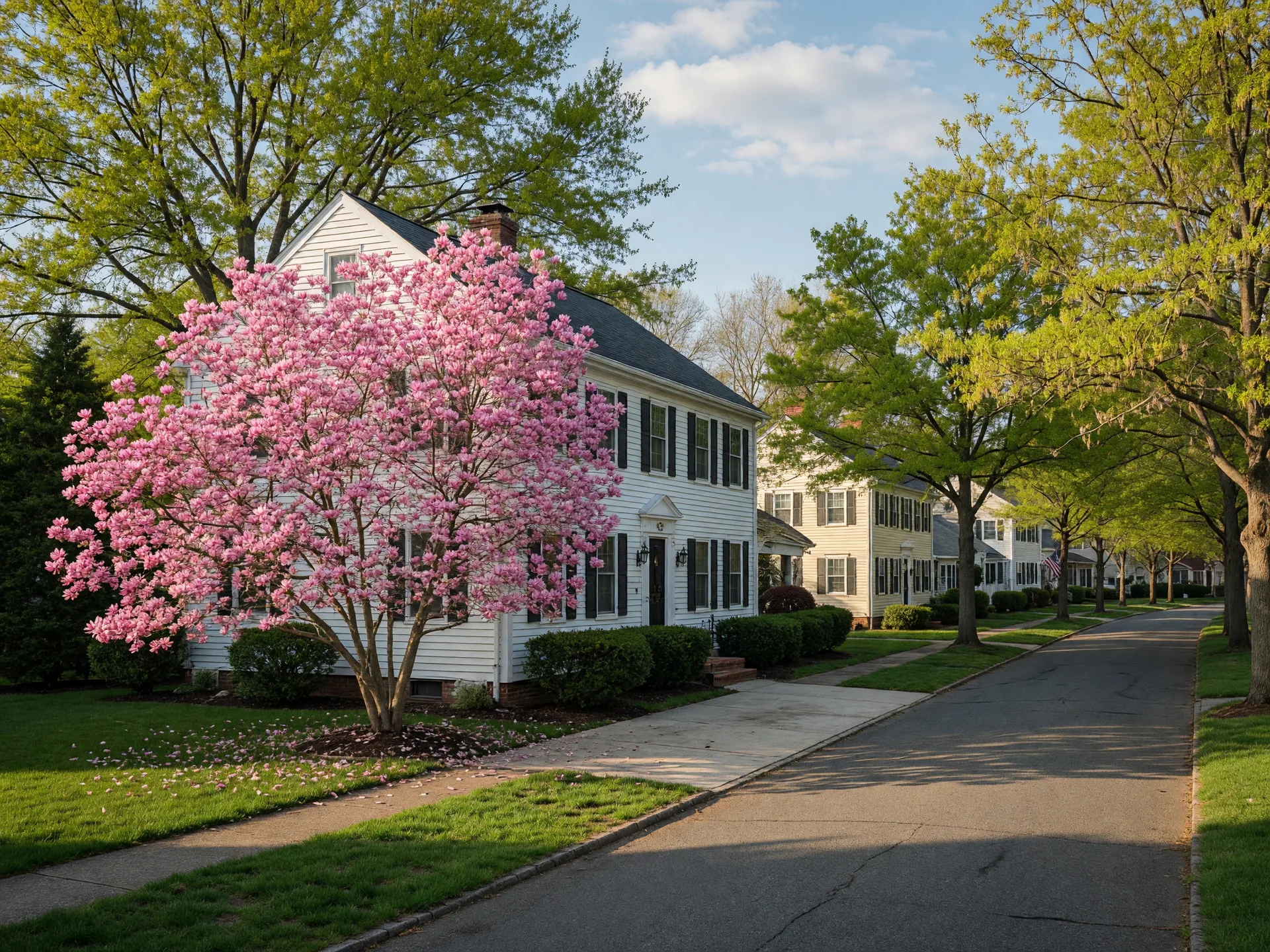 Tree-lined Cinnaminson residential street in early May with a colonial home, flowering magnolia, and fresh green lawn in spring light