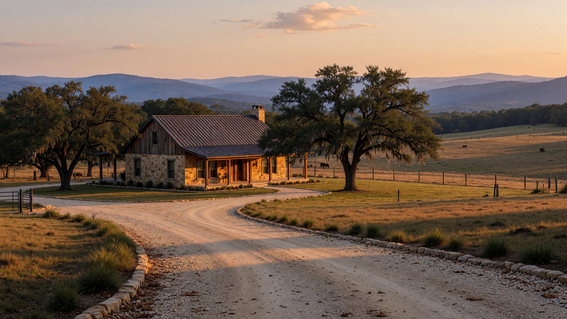 Stone and cedar Texas ranch home on acreage with live oaks in the Hill Country
