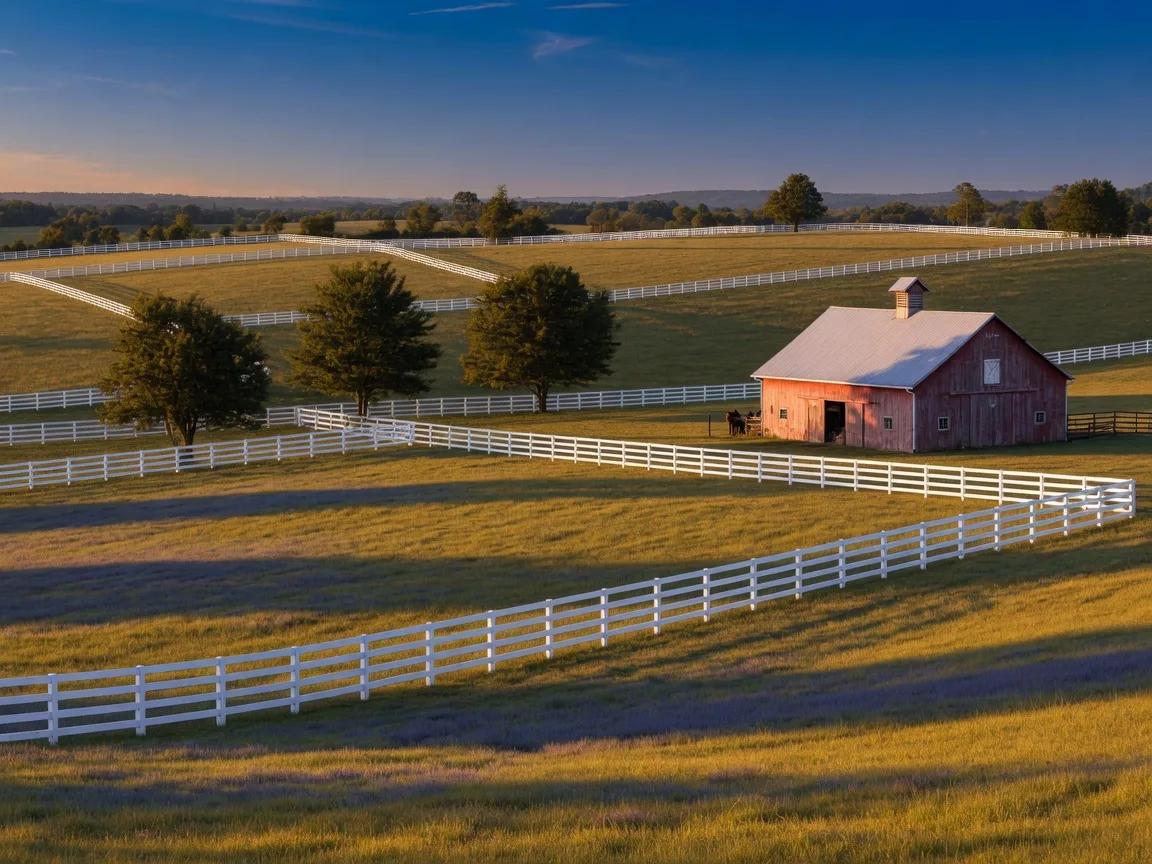 Rolling bluegrass horse country near Lexington with white plank fencing at golden hour