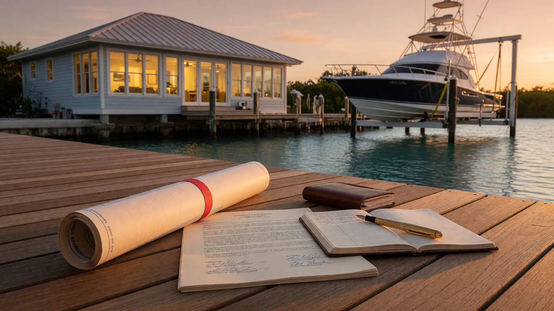 A rolled survey plat, a signed purchase contract, a small datebook, and a fountain pen laid on the teak deck of a Florida Keys private dock at golden hour, an elevated luxury waterfront home with a boat lift and sportfishing yacht glowing softly behind on a deep-water canal