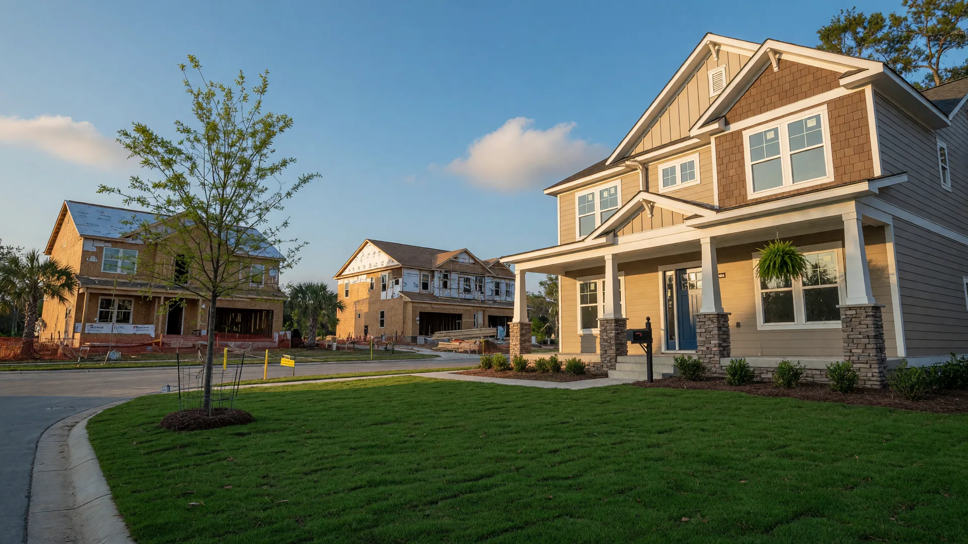A brand-new two-story home with fresh sod and young trees, with framed homes still under construction at the end of the cul-de-sac
