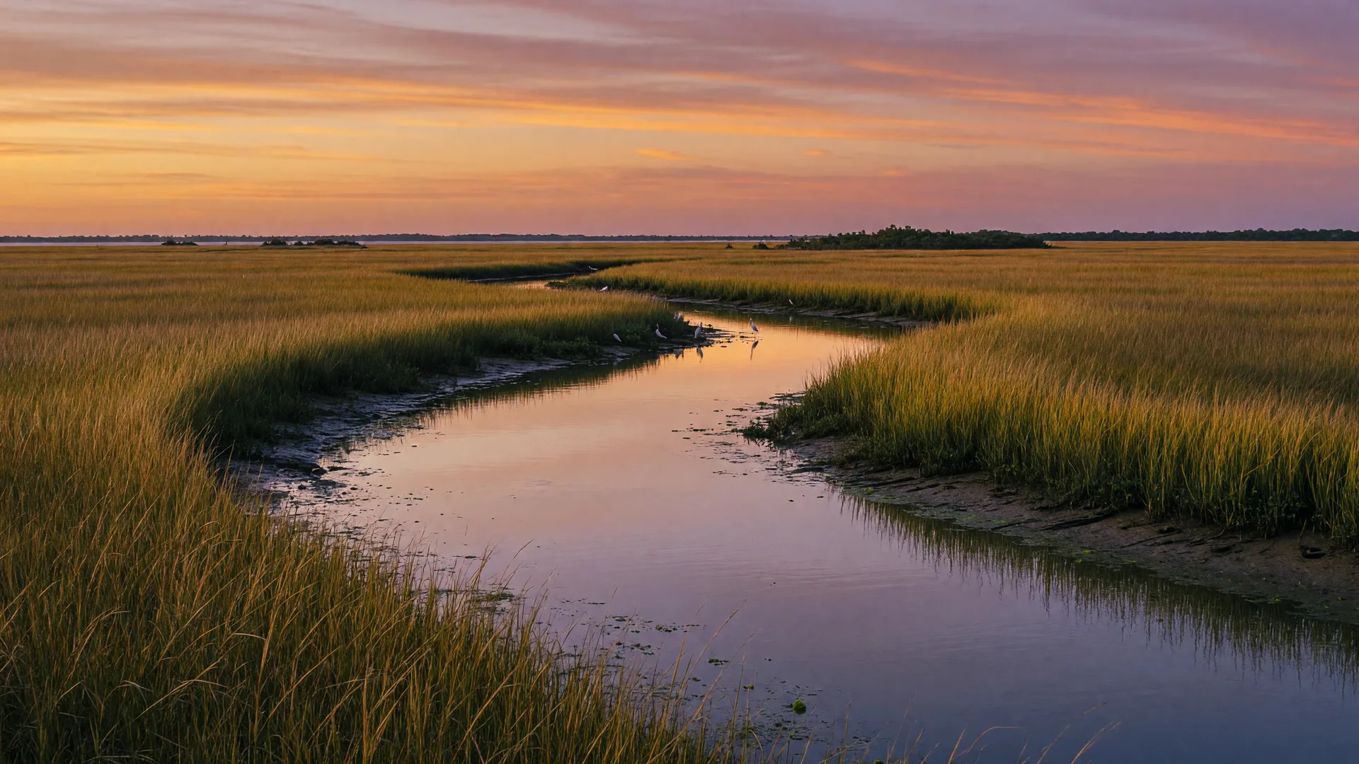 A quiet tidal waterway winding through Texas coastal marshlands at sunset