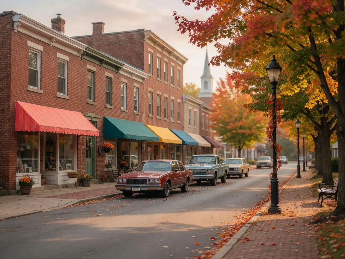 A charming main street in Indiana, PA with brick storefronts and autumn foliage