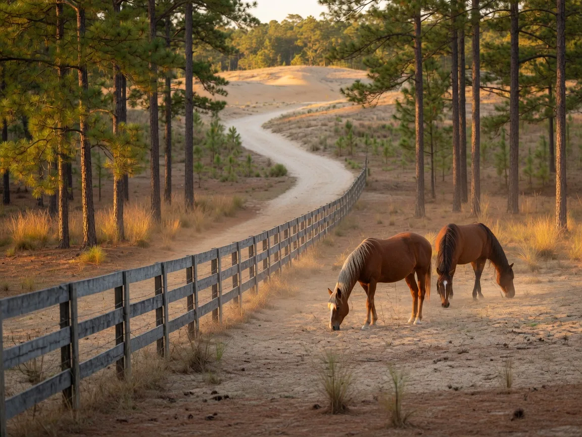 Horses grazing in an autumn pasture beside a board fence and longleaf pines