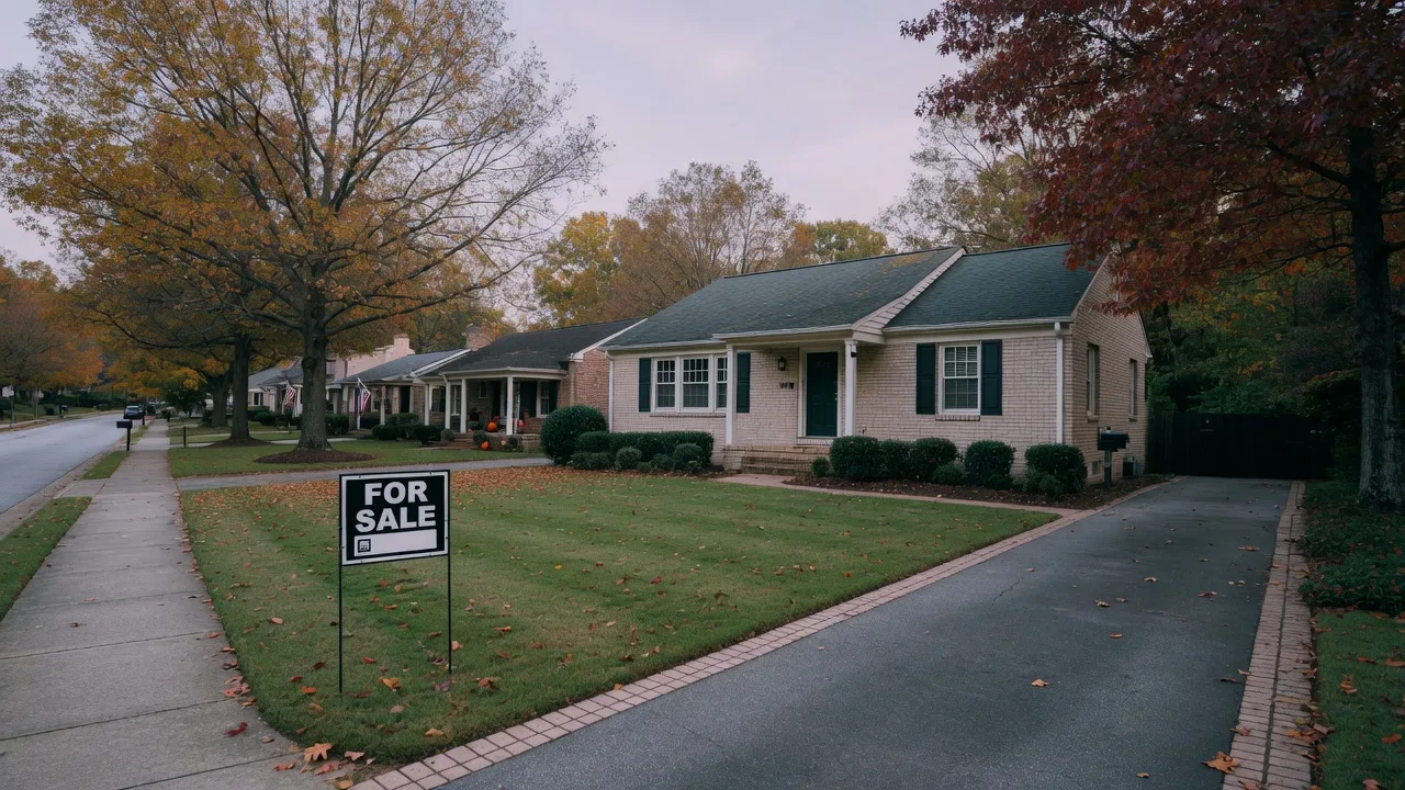 A well-kept suburban Atlanta home with a For Sale sign standing at the edge of the front lawn on a quiet, overcast afternoon