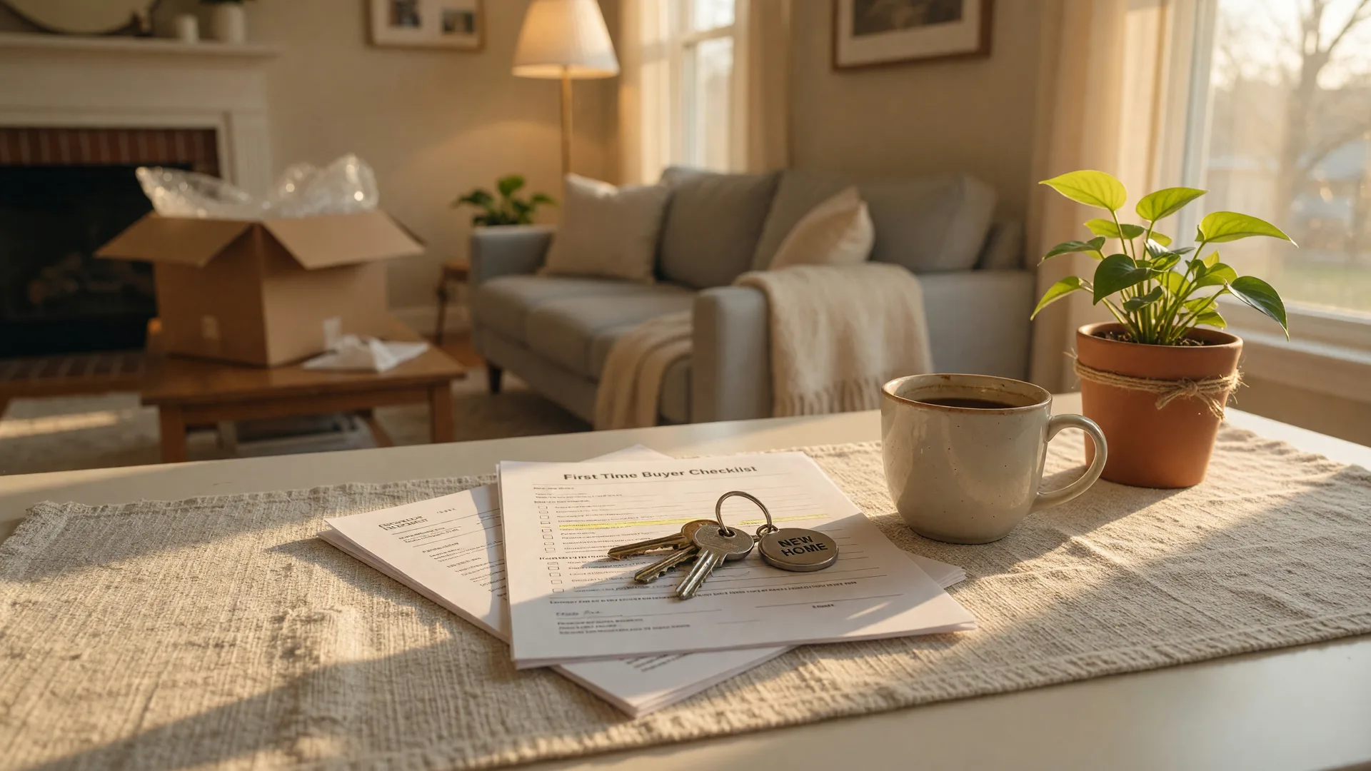 First-time home buyer's desk with brass house keys resting on a checklist and purchase agreement beside a coffee mug and potted plant in warm golden light