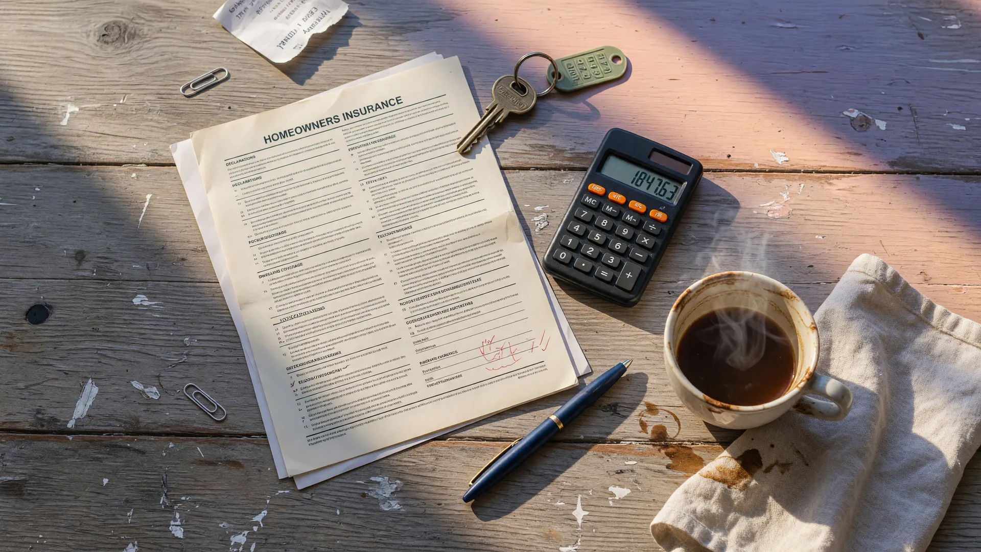 Homeowners insurance policy document, house key, calculator, and pen arranged on a wooden desk in warm morning light