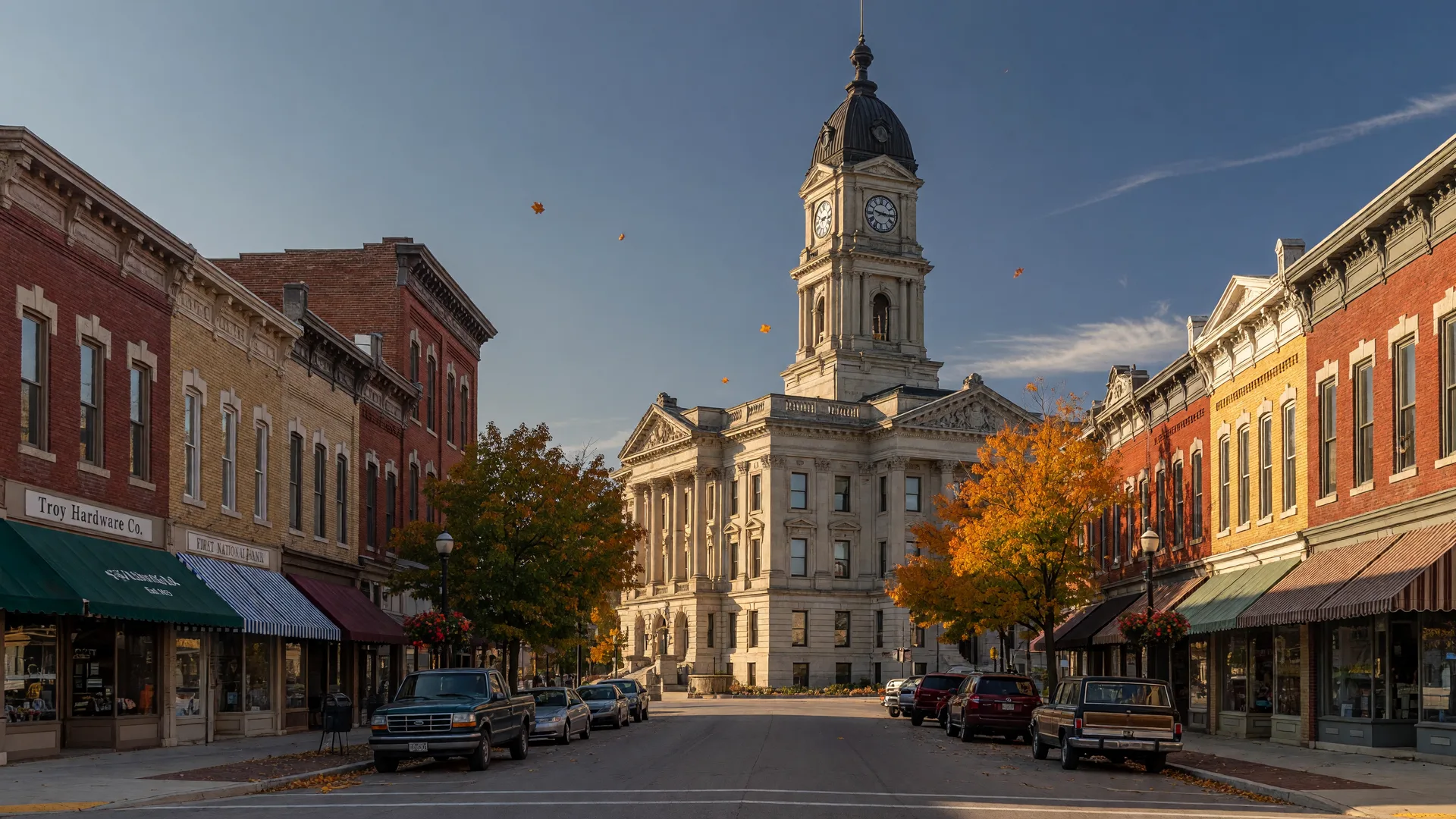 Historic downtown Troy, Ohio in early autumn with the Beaux-Arts Miami County Courthouse clock tower anchoring a Main Street of brick storefronts under turning maples in warm late-afternoon light