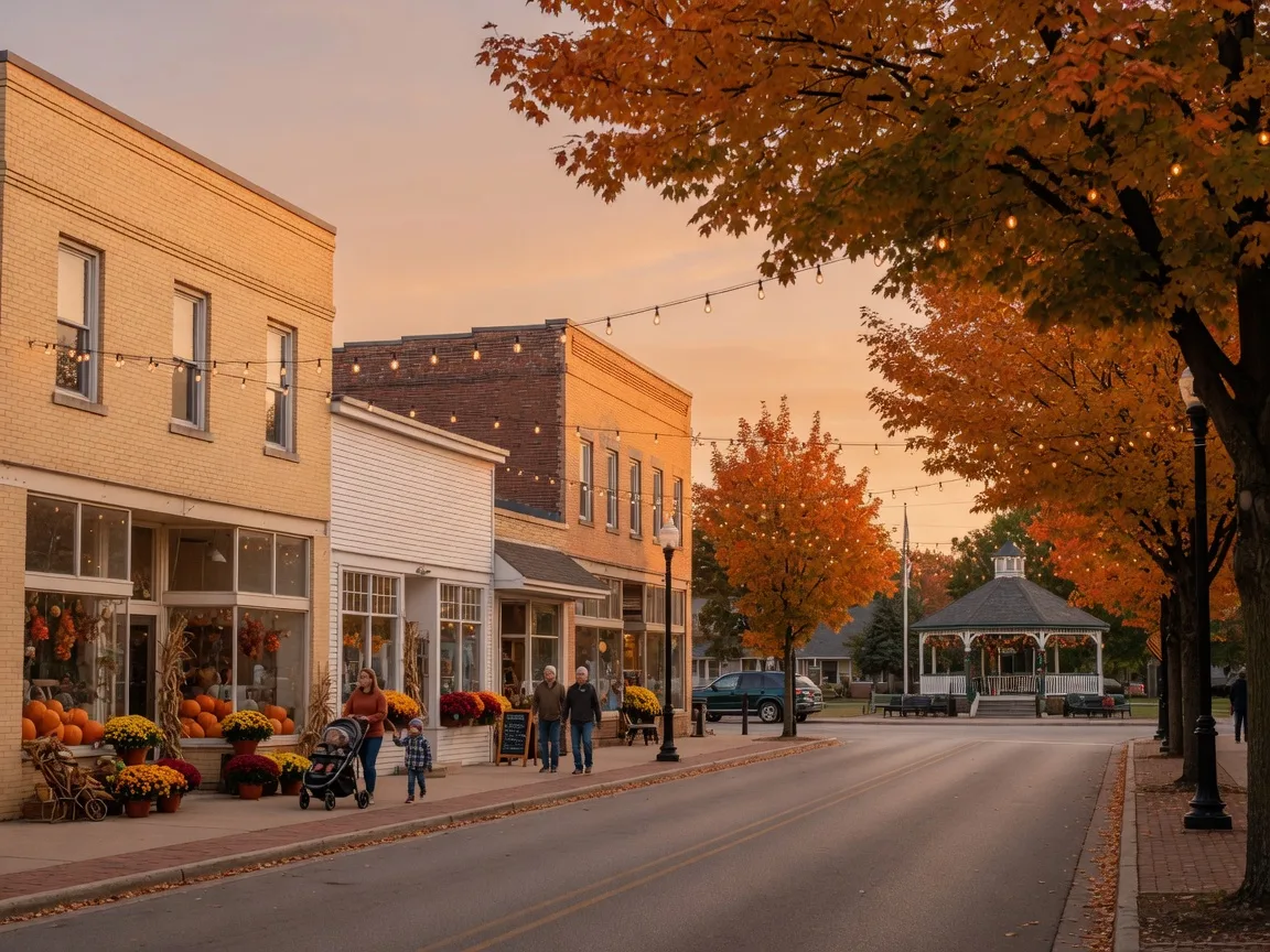 An Ohio suburban main street in mid-October at golden hour, with storefronts decorated in pumpkins and mums, warm string lights over the sidewalk, and families out for an evening stroll under amber maple foliage