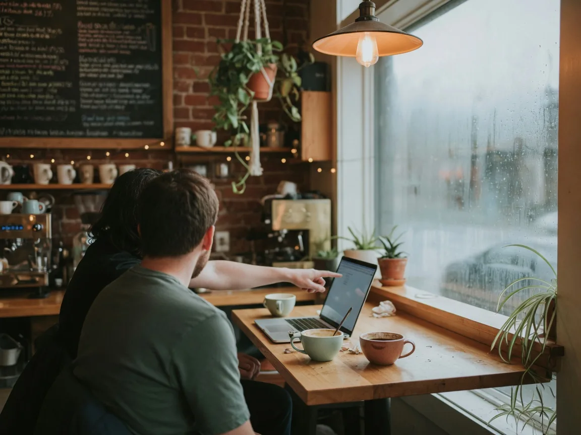 Two people talking over coffee and a laptop at a window table in a warm Victoria coffee shop