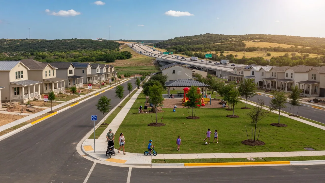 Kyle Texas — a growing new construction neighborhood with modern homes, families in a community park, and the Hill Country horizon in the distance