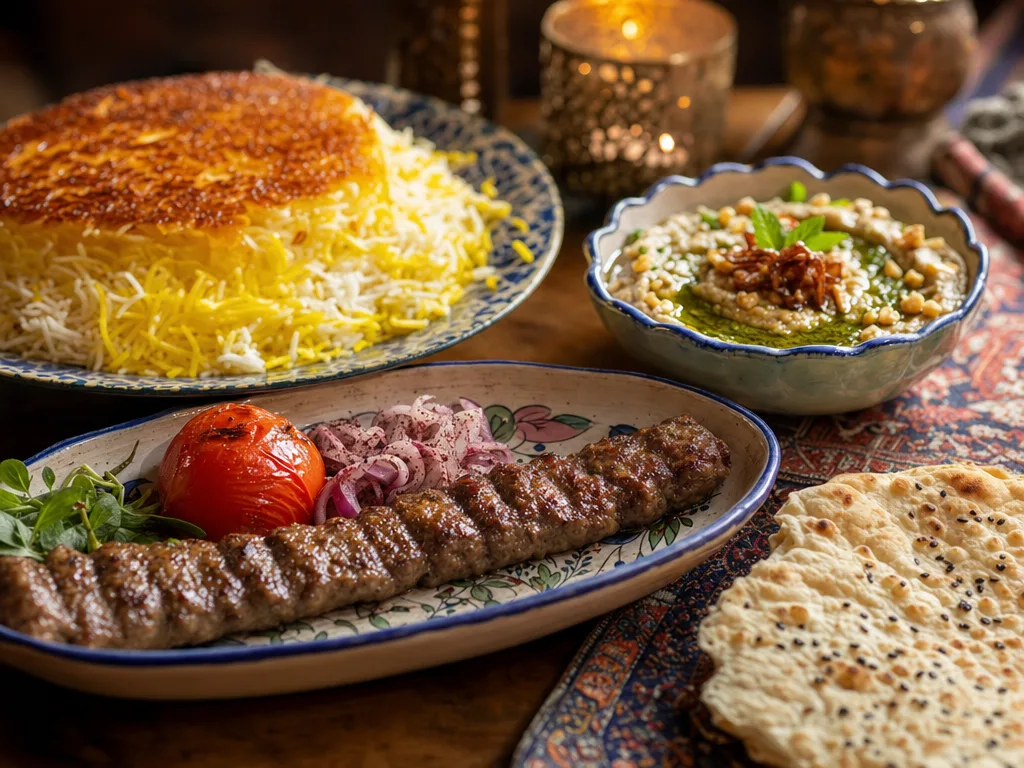 Persian feast featuring saffron rice with tahdig lamb koobideh kabob grilled tomato kashke bademjan eggplant dip and warm flatbread in Johns Creek Georgia