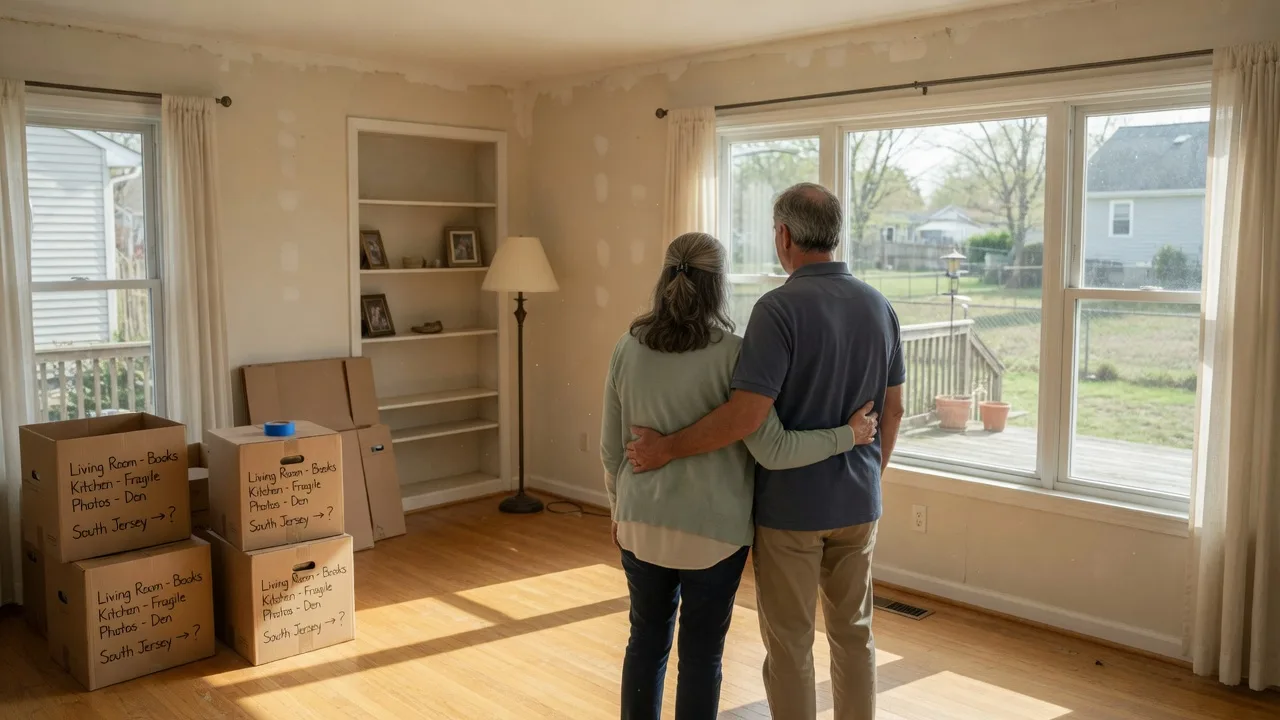 Empty nest couple in a sunlit living room in South Jersey preparing for their next chapter