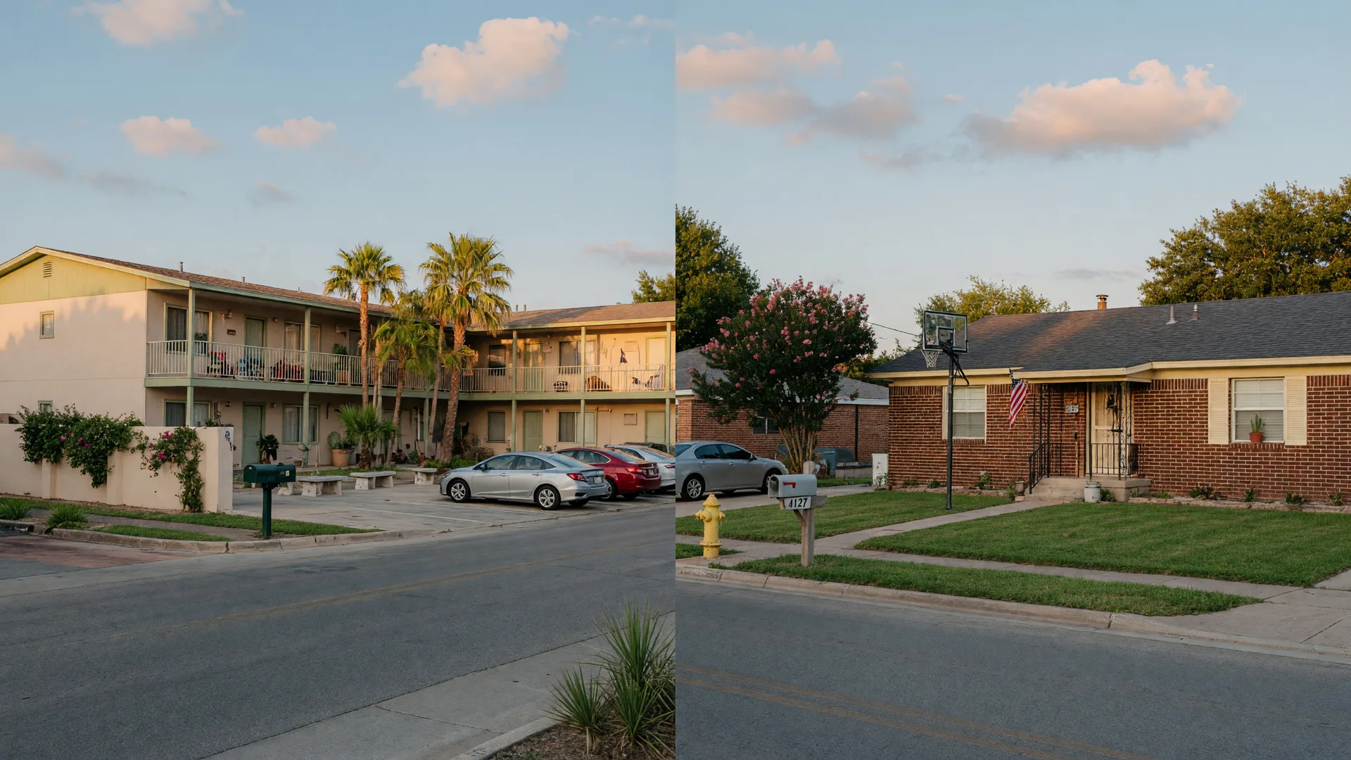 Split photograph of a garden-style apartment complex on the left and a single-story brick Texas home on the right in warm late-afternoon light