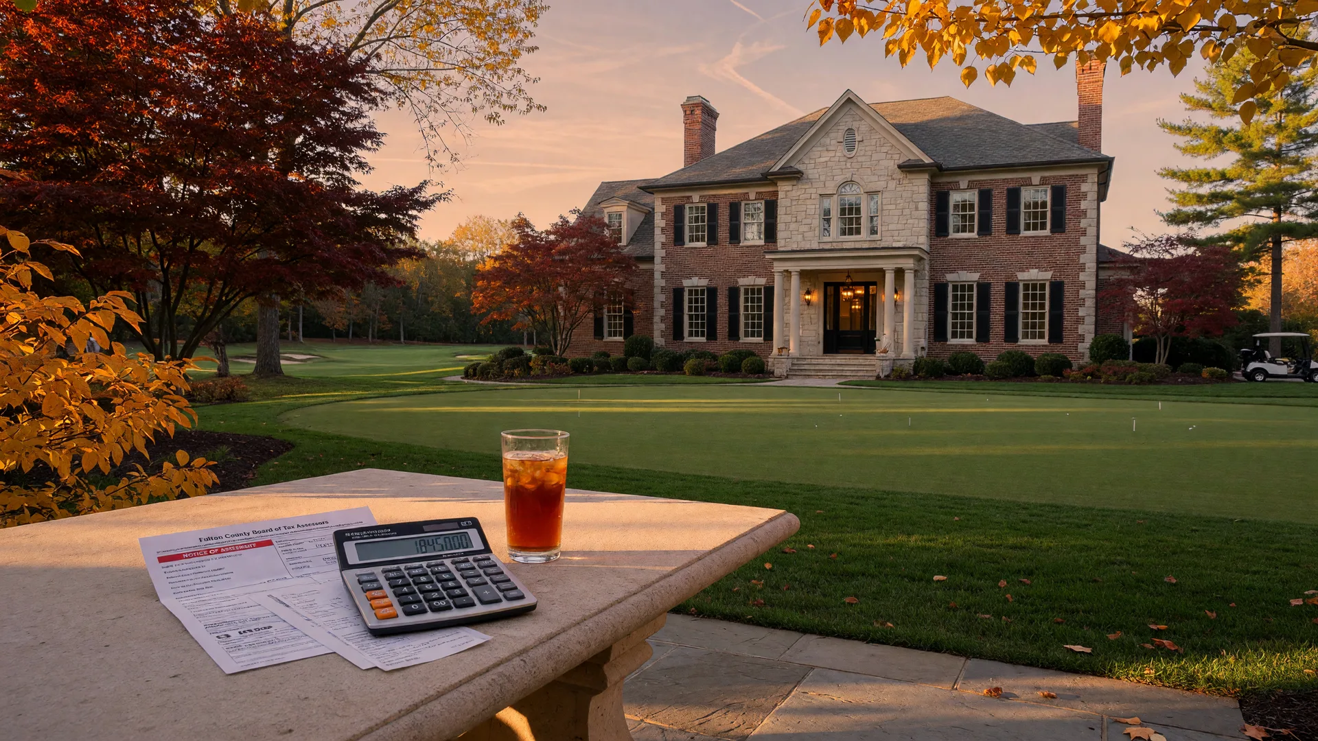 Elegant brick and stone Georgia home on a golf course fairway at golden hour with a property tax assessment notice and calculator on a stone patio table, representing the 2027 Georgia HOME Act property tax cap