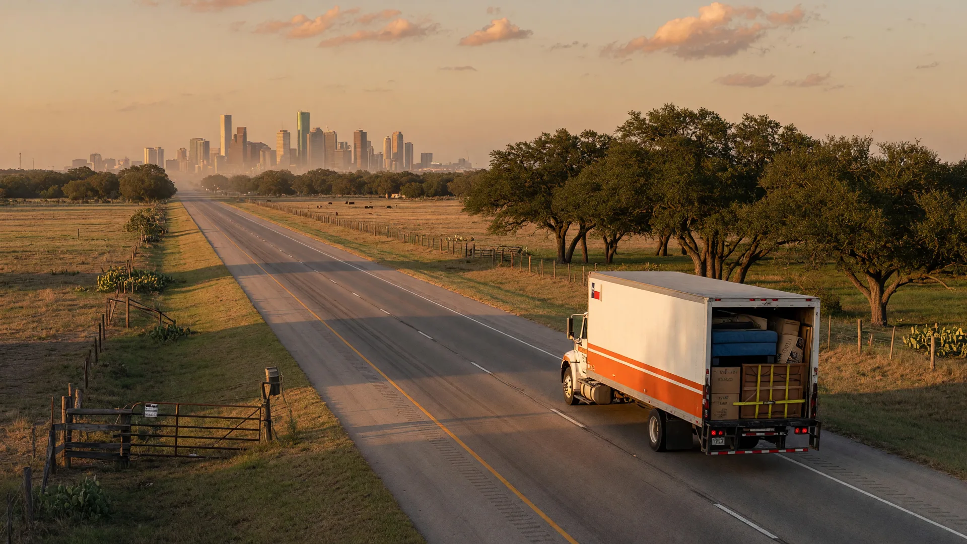 A loaded moving truck driving west on I-10 from Houston toward San Antonio through open Texas ranchland at late afternoon