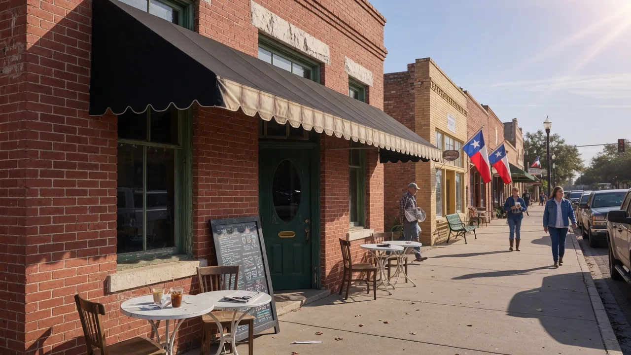 Exterior of a small-town Texas coffee shop with a red brick facade, black awning, and outdoor cafe tables on a sunny morning downtown