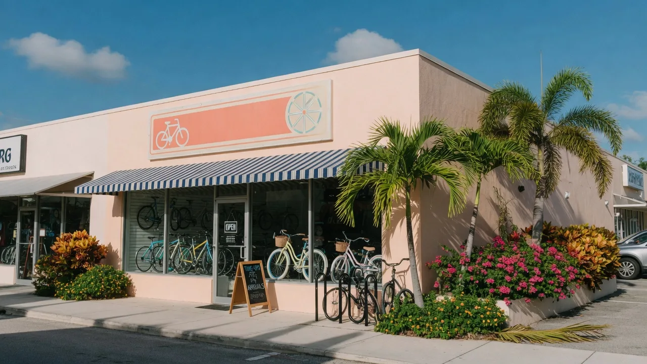 Storefront of Big Momma's Bicycles in Naples, Florida on a bright morning, with bicycles in the large windows, palm landscaping, and a blue sky