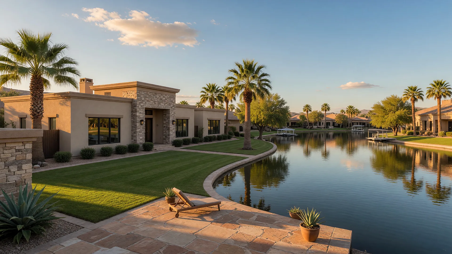 Luxury waterfront real estate with an infinity-style pool overlooking a calm lake at sunset