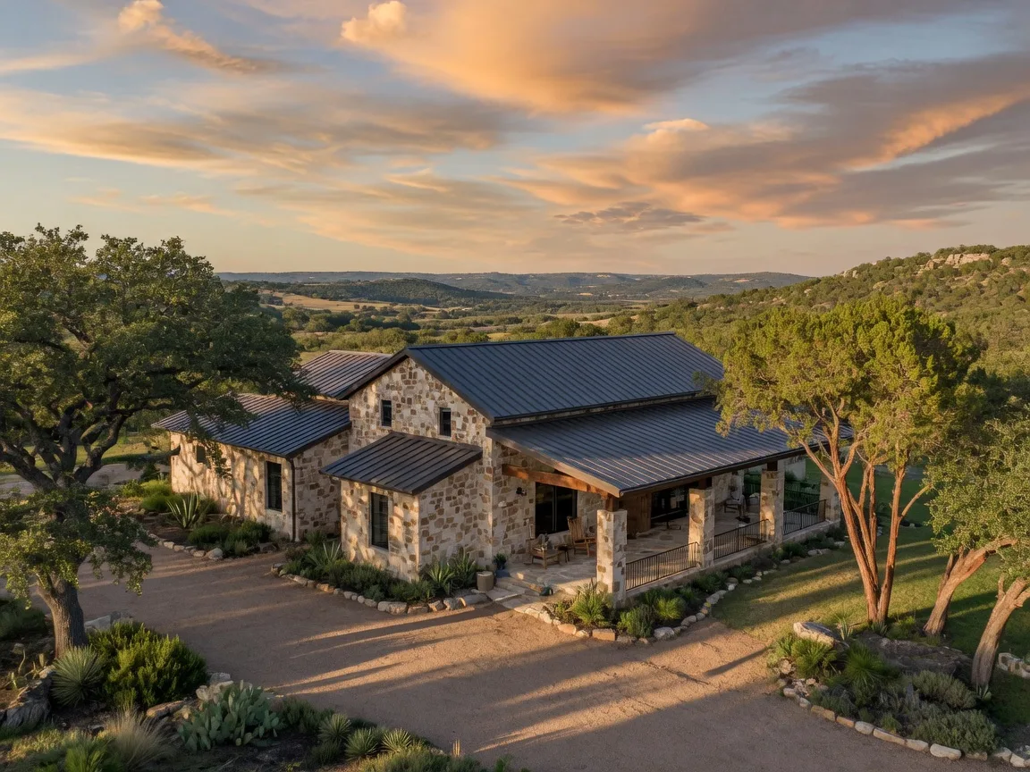 Limestone Hill Country home with panoramic views, mature trees, and covered patio. Illustrative image; not a photograph of Smithson Valley.