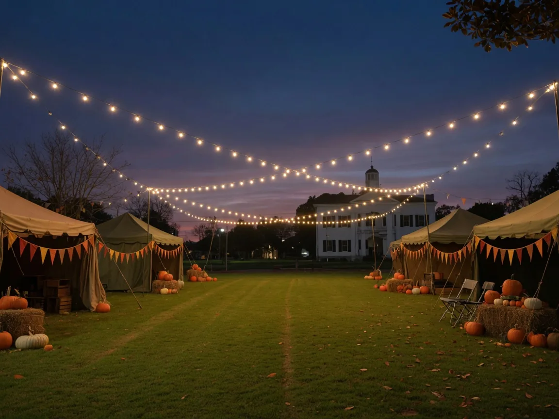 String lights over an outdoor dining terrace at dusk