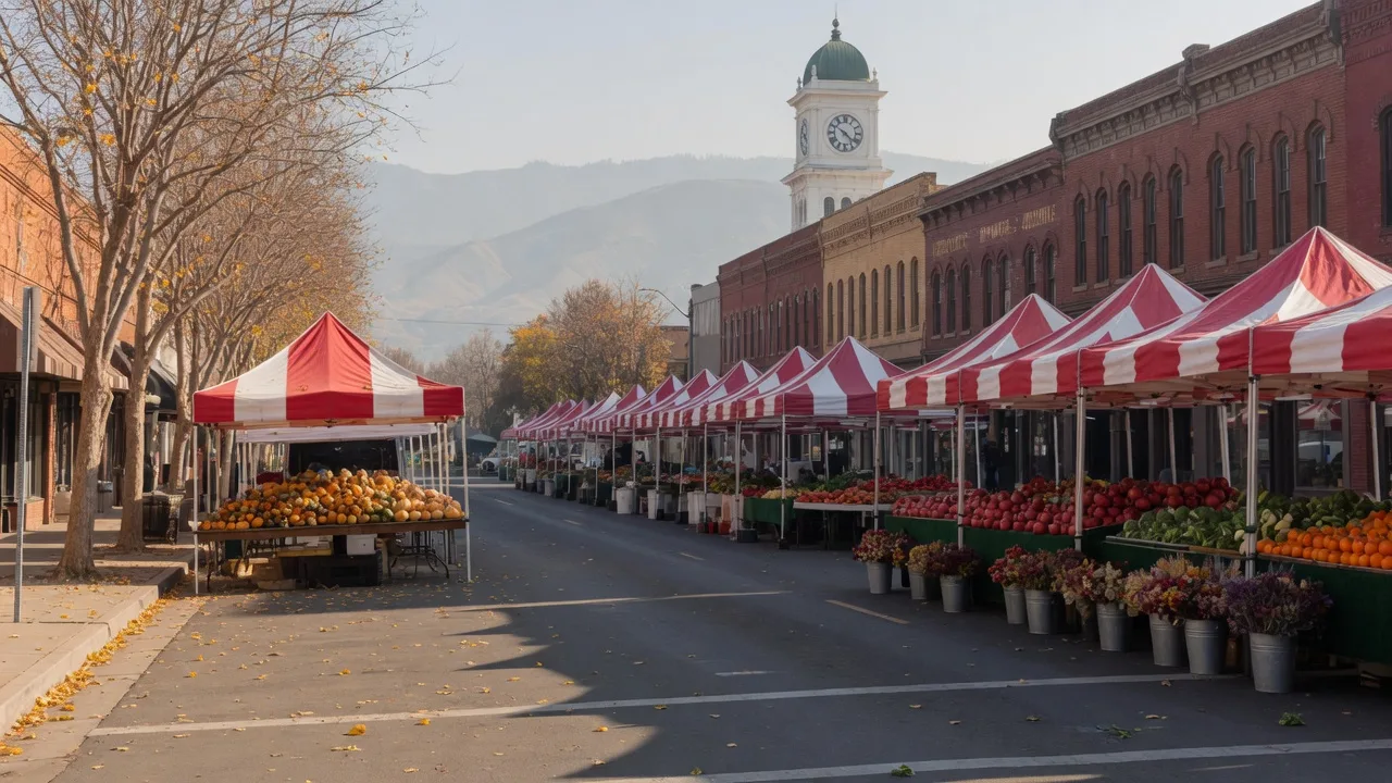 A farmers market on a closed downtown street in a Central Valley town on a crisp November Saturday morning, red-and-white vendor tents with winter squash, pomegranates, and dried flowers, historic brick storefronts, and the hazy Sierra Nevada foothills on the horizon