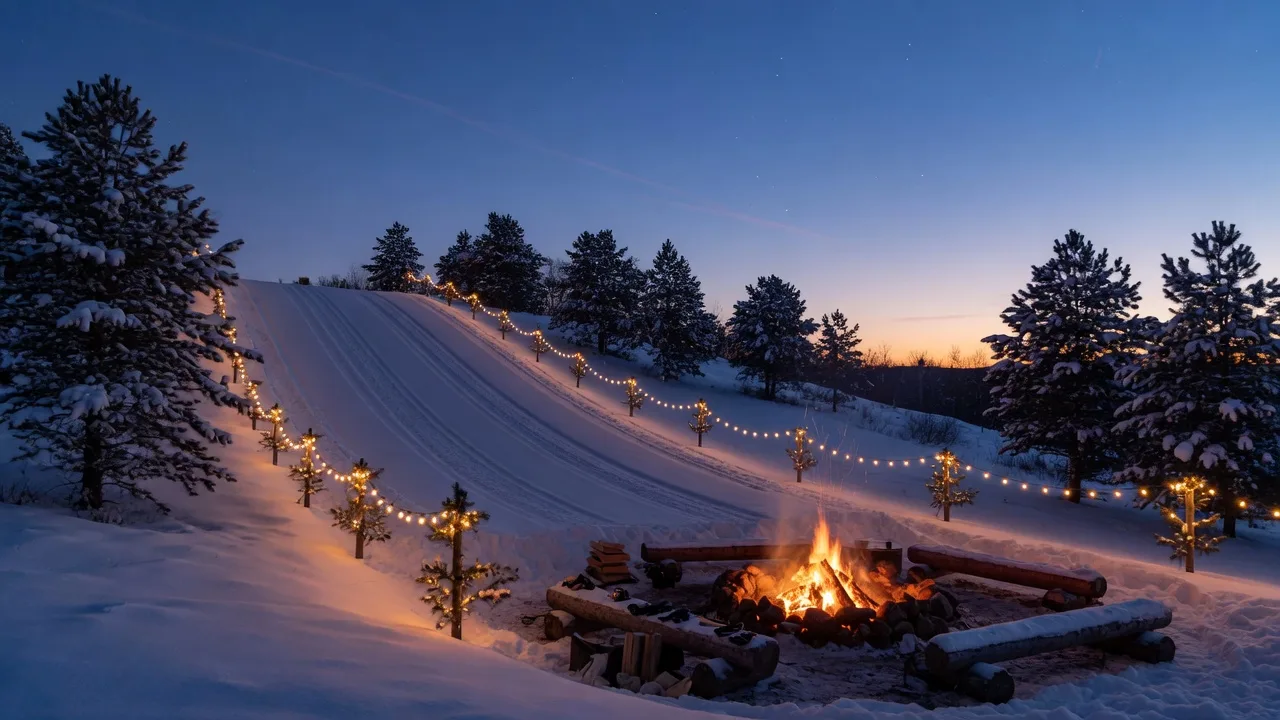 Winter ski hill tubing run lined with string lights and a glowing bonfire at the base in blue-hour light