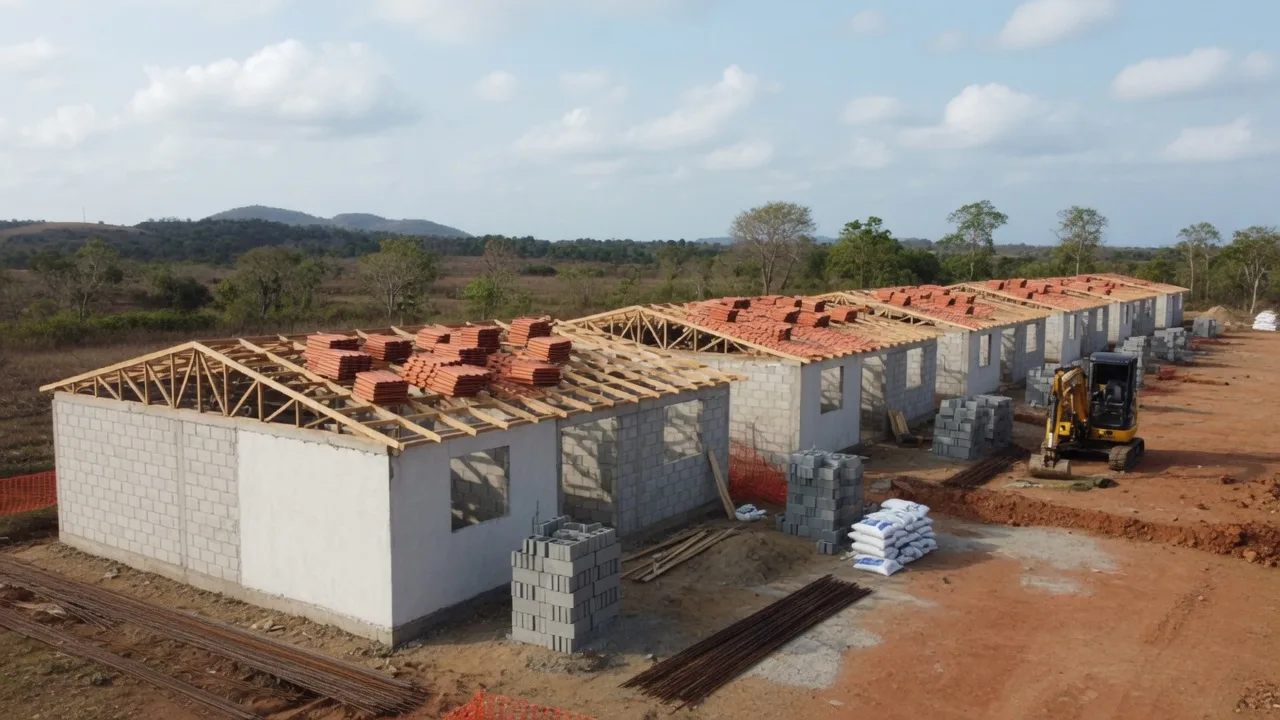 A row of concrete-block homes under construction on a cleared site in Panama's dry interior, with stacks of building materials and low hills under a bright morning sky