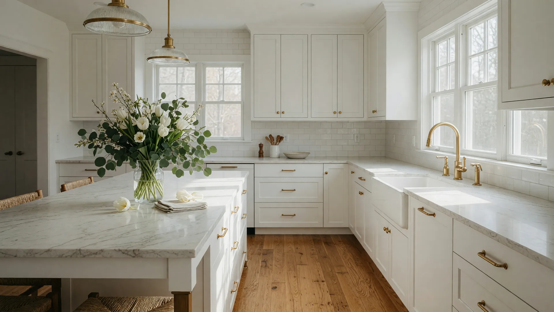 A freshly renovated kitchen with white cabinets and warm oak floors