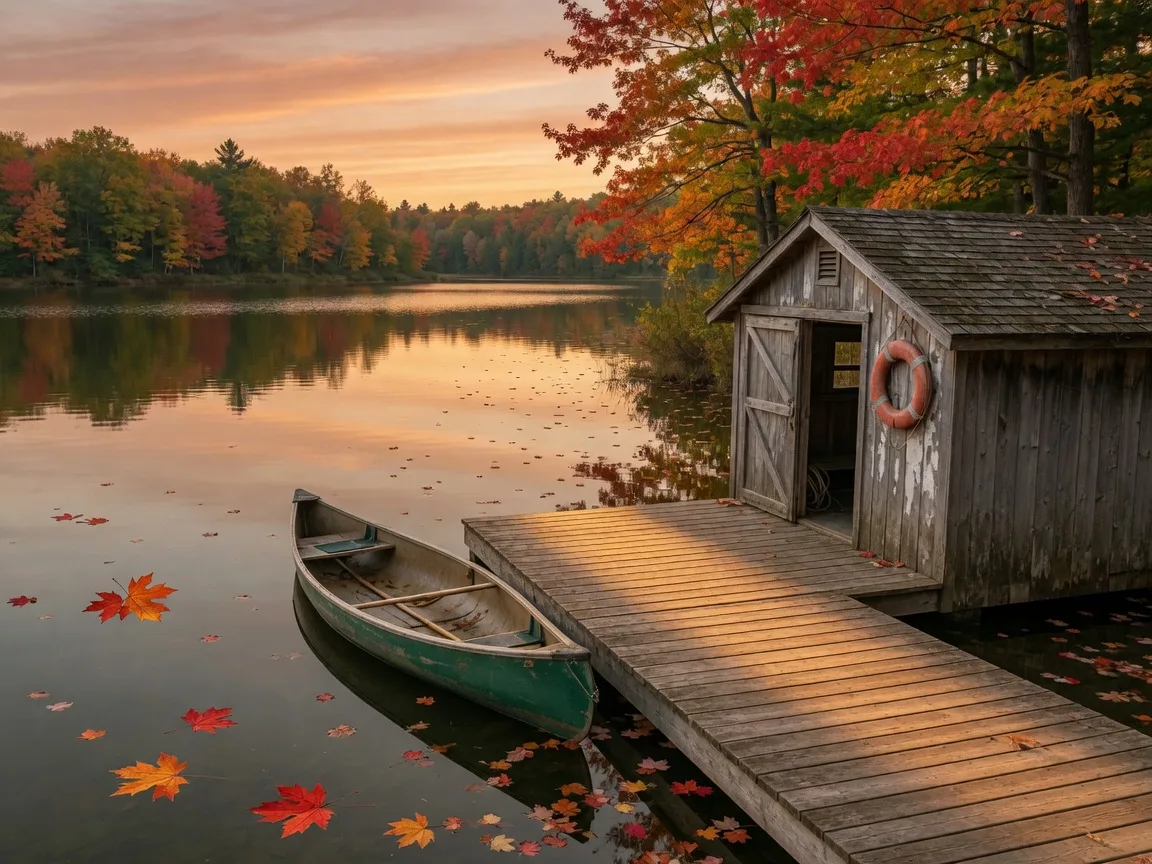 A private wooden dock and boathouse on Lake Scugog in golden early-autumn light, maple leaves floating on the still water and a canoe pulled up on the deck