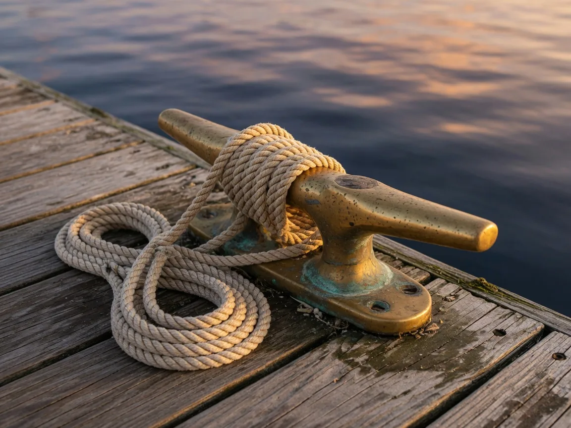 Brass dock cleat with coiled rope on a timber dock at golden hour