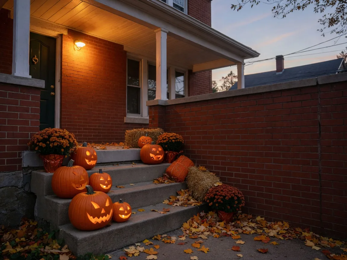 Carved jack-o'-lanterns, orange mums, and a hay bale on the covered porch stoop of a brick twin home at dusk in late October, with warm porch light across the brick