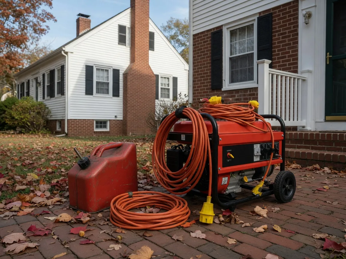 Portable generator with coiled heavy-duty extension cords on a brick patio beside a suburban colonial home on a clear fall day