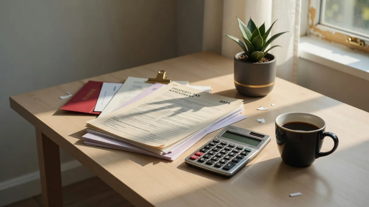 Financial planning materials on a home office desk including a calculator, property tax documents, and a coffee cup