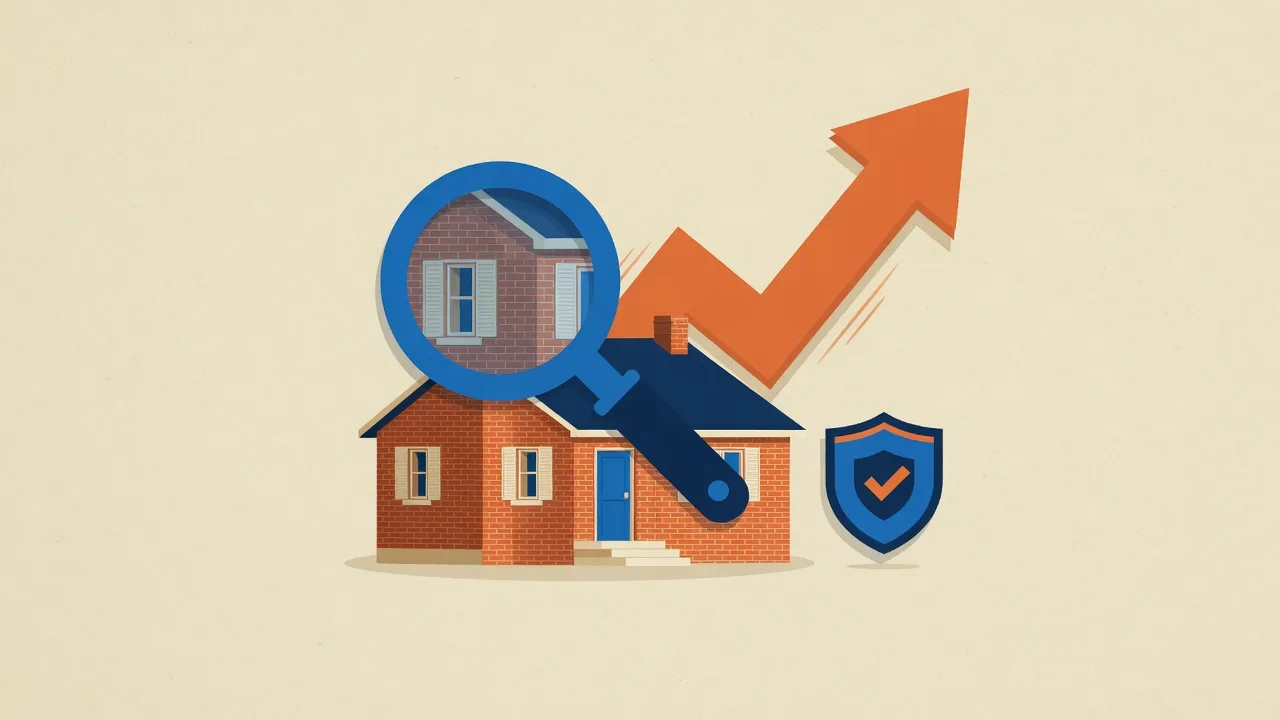 Flat illustration of a small brick home with a magnifying glass and a shield, in blue and orange