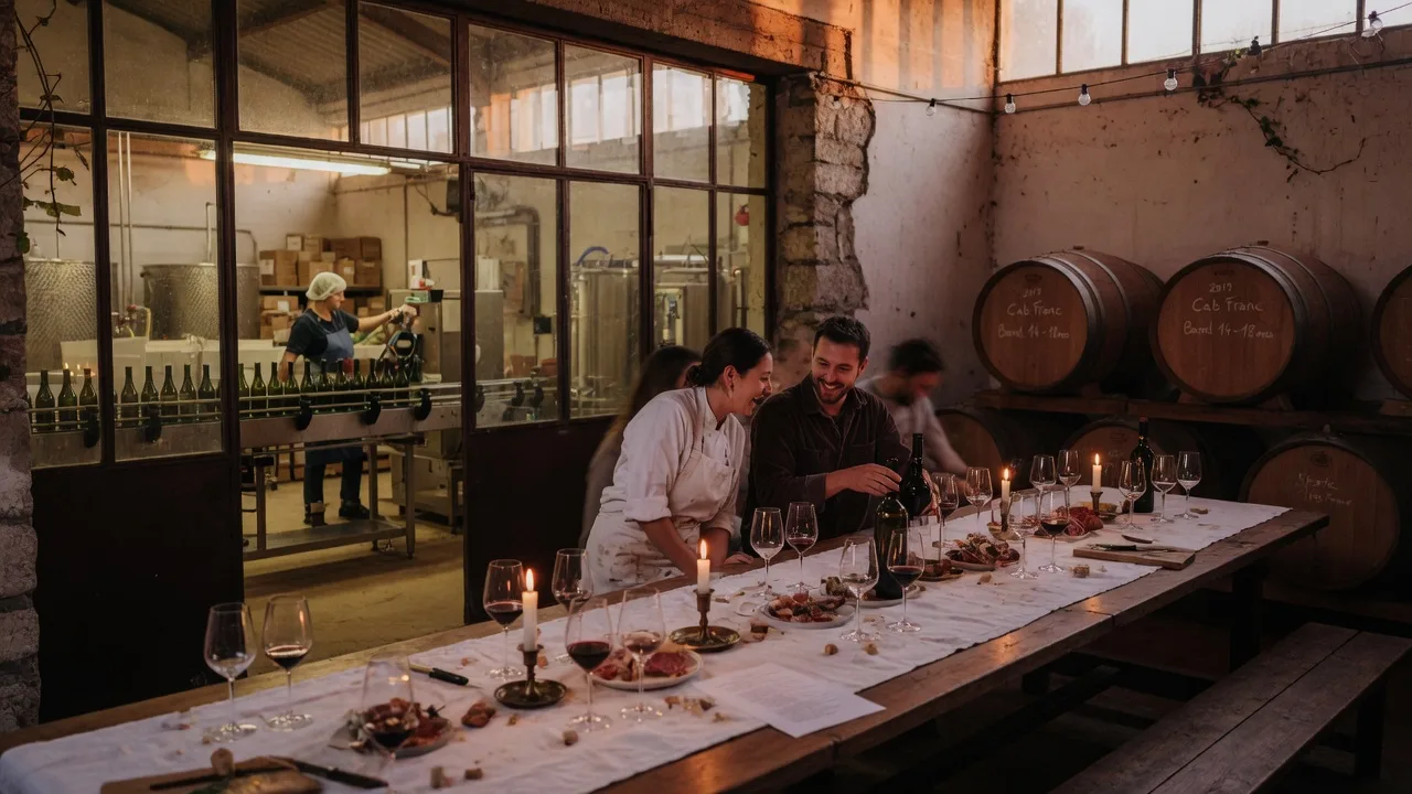Intimate candlelit chef and winemaker dinner set inside a cellar with oak wine barrels and views into the bottling room at Chateau Elan Winery