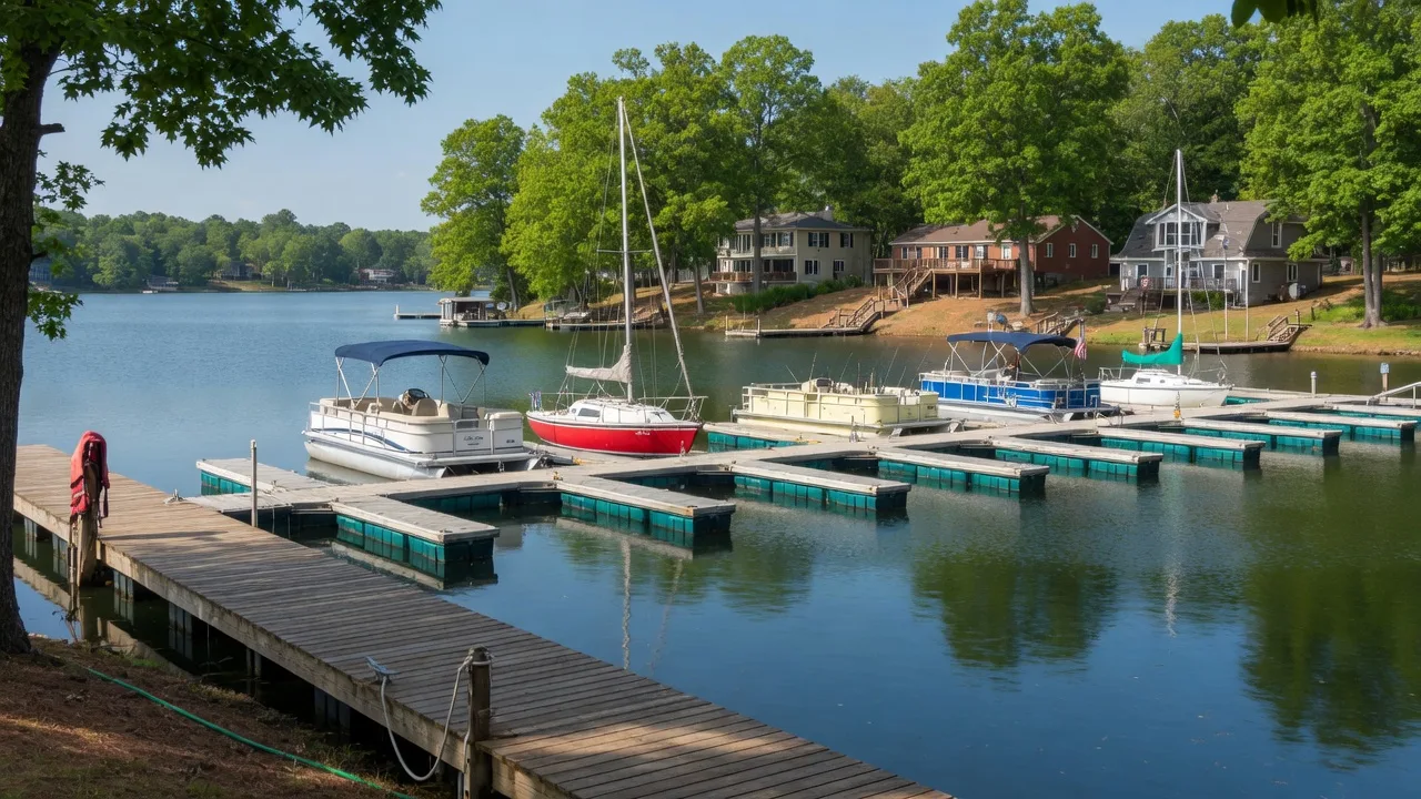 Lake Norman waterfront dock on a summer afternoon with boats moored at the pier