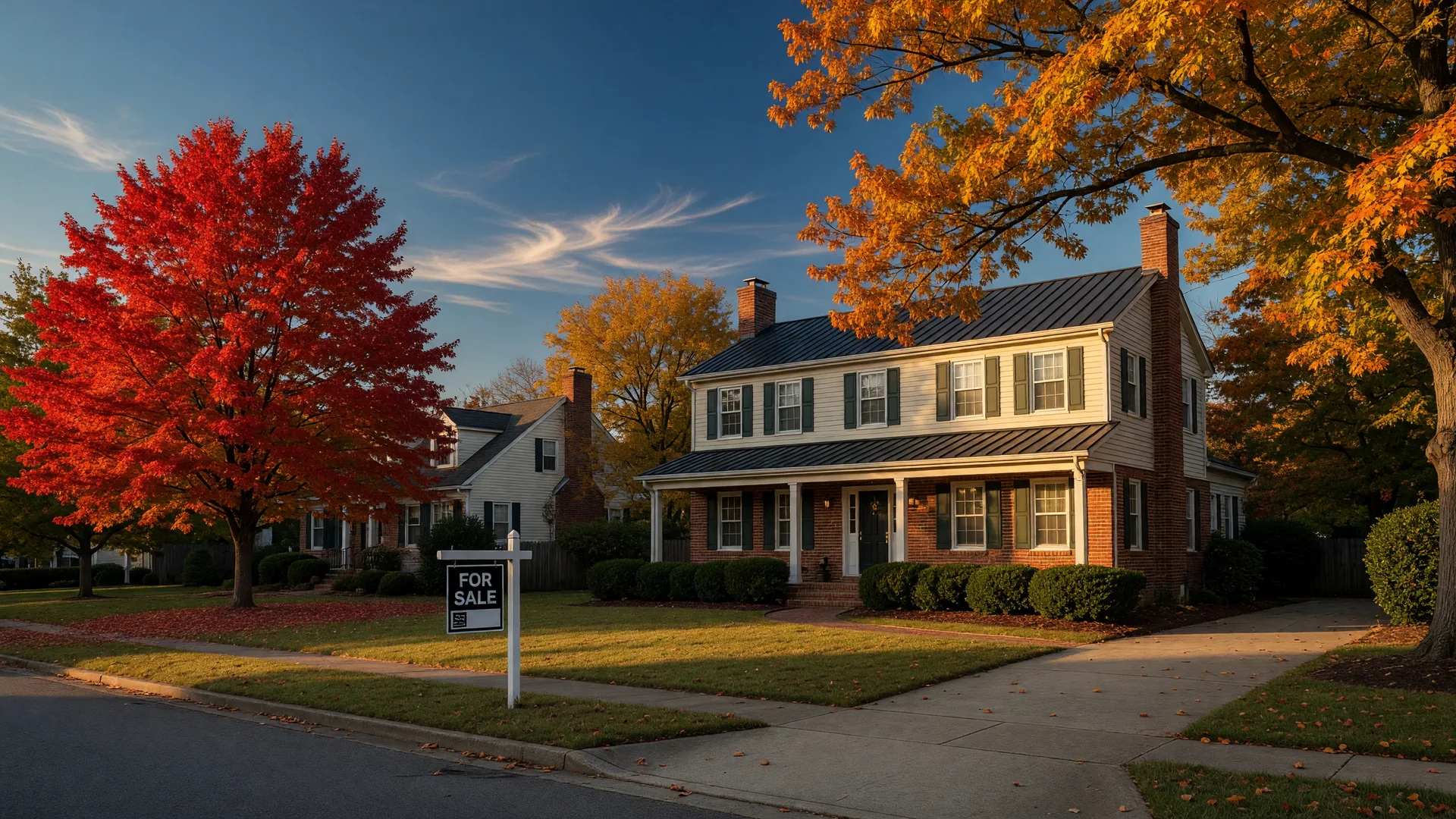 Two-story brick and siding Triangle-area family home at golden hour in mid-October with autumn maples in full color and a for-sale sign in the yard, the empty-nest downsizing decision Triangle homeowners face