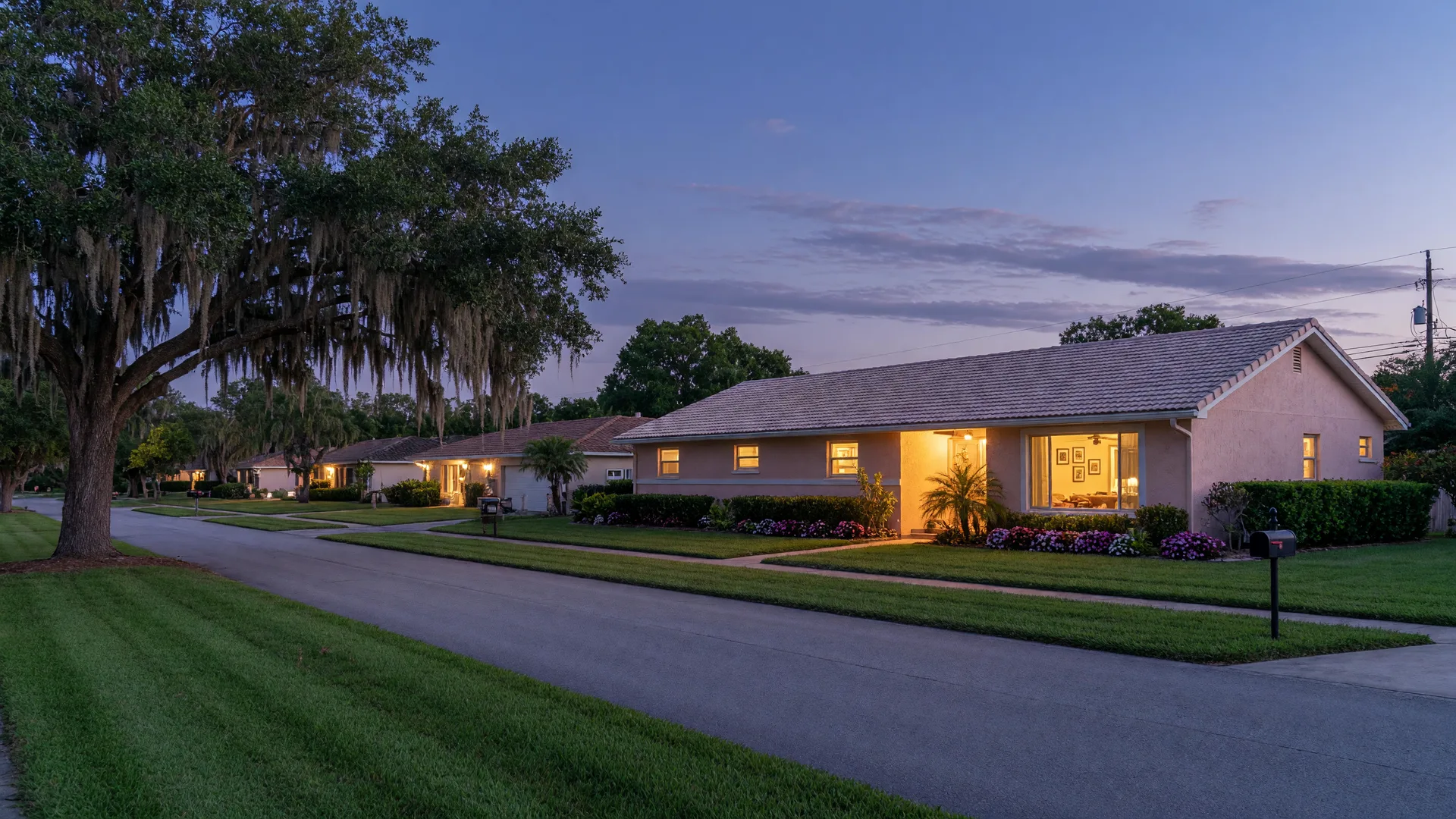 A quiet Florida street at dusk with a warm, lit home under a Spanish-moss oak